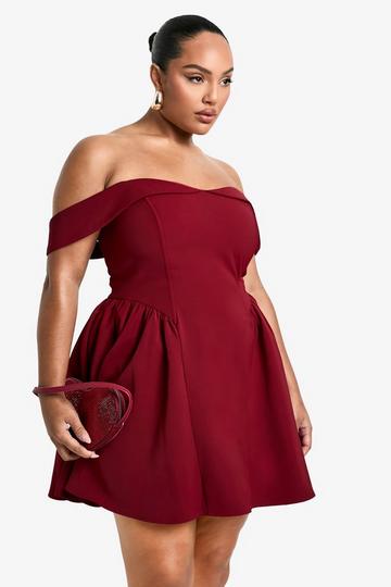 Plus Off The Shoulder Pleated Skater Dress berry