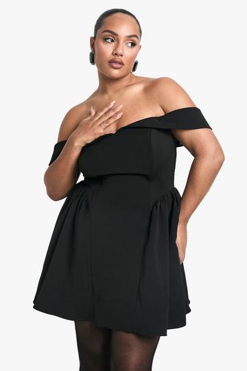 Plus Off The Shoulder Pleated Skater Dress black