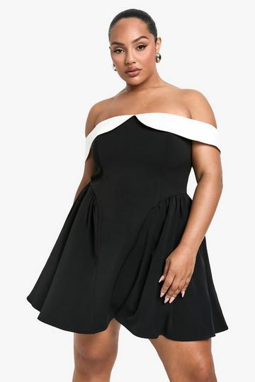 Plus Contrast Off The Shoulder Pleated Skater Dress black