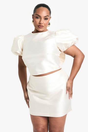 Plus Taffeta Bow Back Puff Sleeve Top ivory