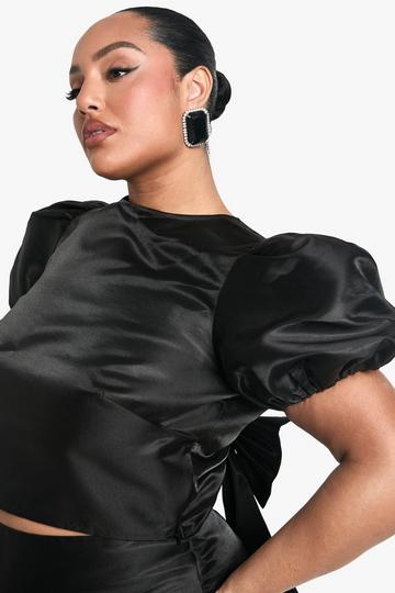 Plus Taffeta Bow Back Puff Sleeve Top black