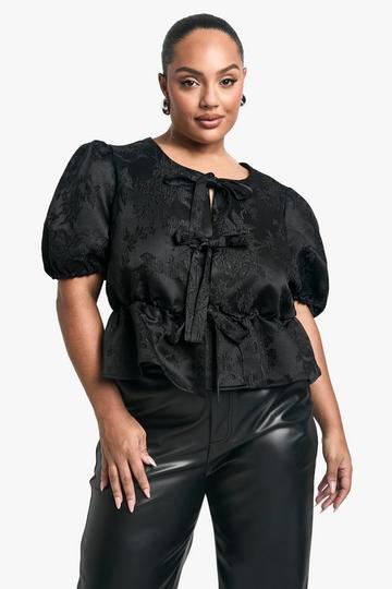 Plus Gesmokte Jacquard Top Met Strik black