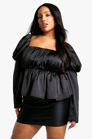 Plus Satin Puff Sleeve Top black