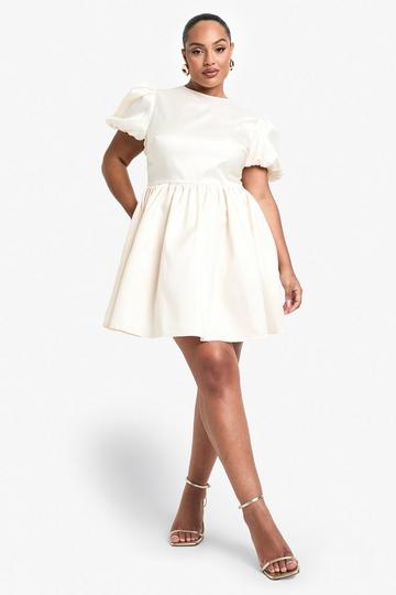 Ivory White Plus Taffeta Bow Back Puff Sleeve Skater Dress