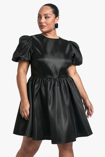 Plus Taffeta Bow Back Puff Sleeve Skater Dress black