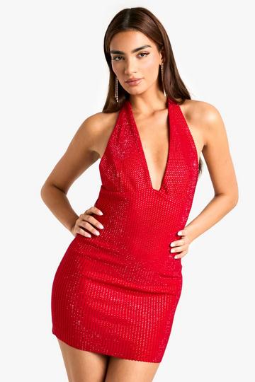 Red Premium Hot Fix Plunge Halter Mini Dress