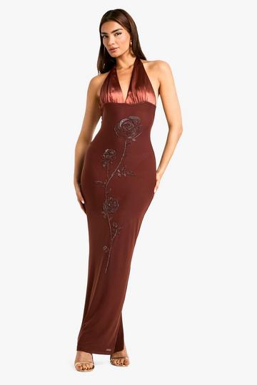 Floral Hand Embellished Halterneck Mesh Maxi Dress chocolate