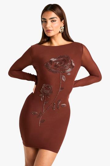 Floral Hand Embellished Scoop Back Mini Dress chocolate