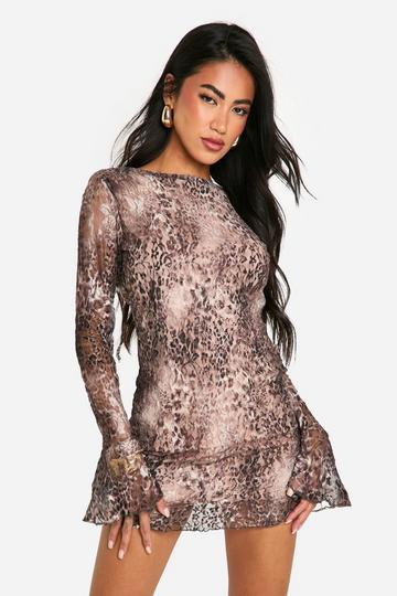 Multi Lace Leopard Flare Sleeve Mini Dress