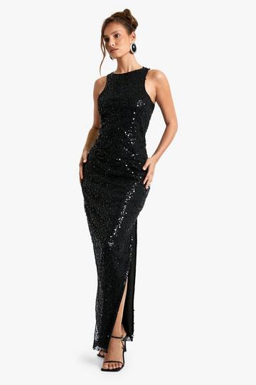 Black Racer Neck Sequin Maxi Dress