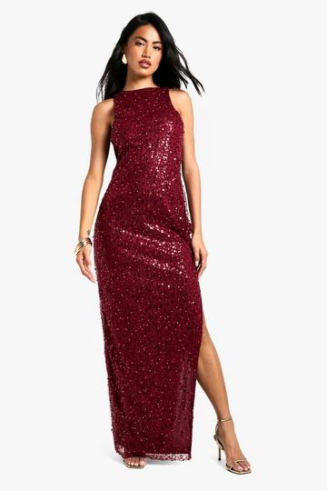 Red Racer Neck Sequin Maxi Dress