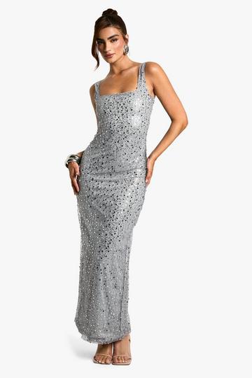 Square Neck Sequin Column Maxi Dress silver