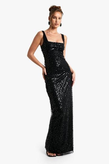 Black Square Neck Sequin Column Maxi Dress