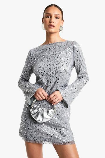 Flare Sleeve Tie Back Sequin Mini Dress silver