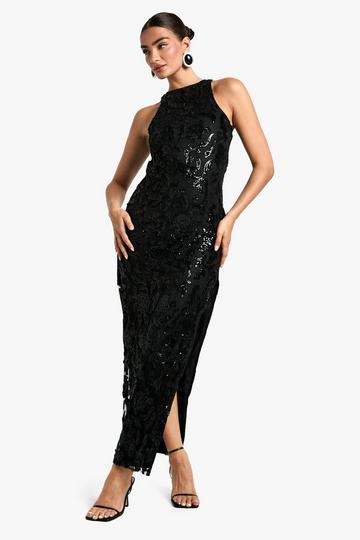 Racer Neck Velvet Lace Demask Maxi Dress black