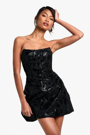 Bandeau Structured Velvet Lace Demask Skater Mini Dress black