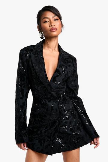 Structured Velvet Lace Demask Blazer Dress black