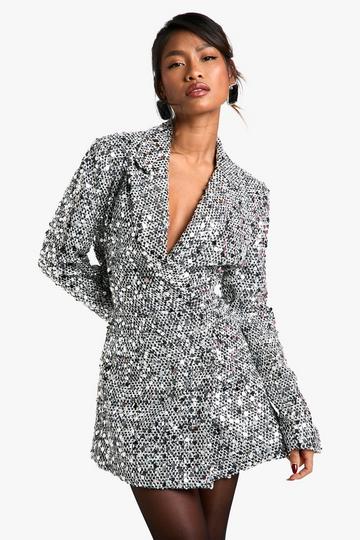 Black Structured Sequin Boucle Blazer Dress