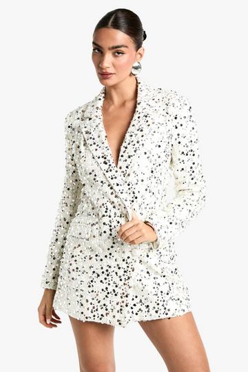 Cream White Structured Sequin Boucle Blazer Dress