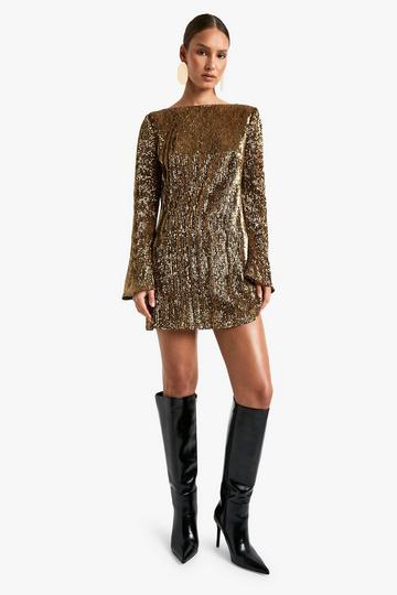 Gold Metallic Scoop Back Flare Sleeve Mini Dress