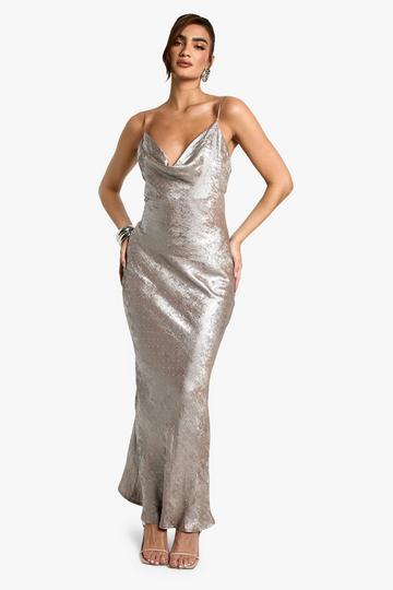 Silver Cowl Neck Satin Diamante Maxi Dress