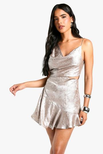 Cowl Neck Satin Diamante Mini Dress silver