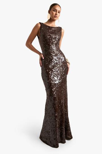 Cowl Back Sequin Fit And Flare Maxi Dress chocolate