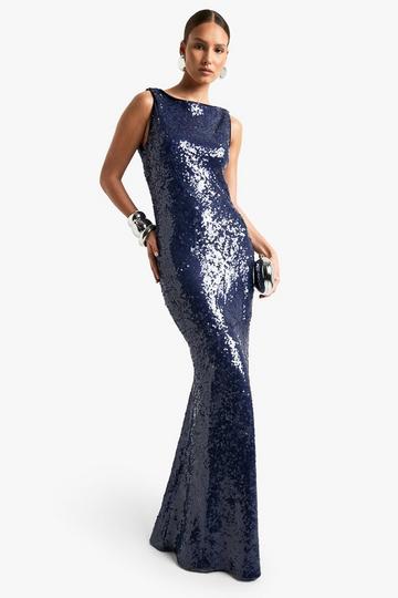 Cowl Back Sequin Fit And Flare Maxi Dress navy