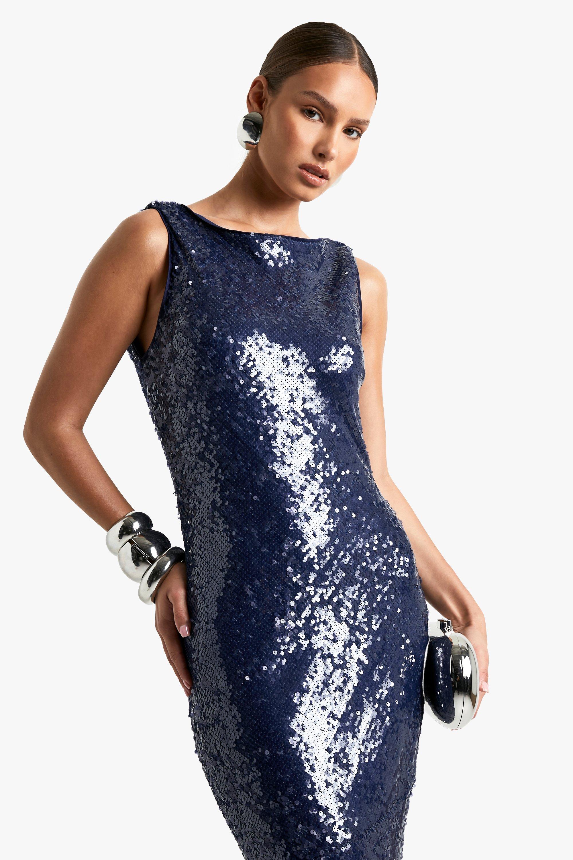 Long sequin tank dress with cowl back store
