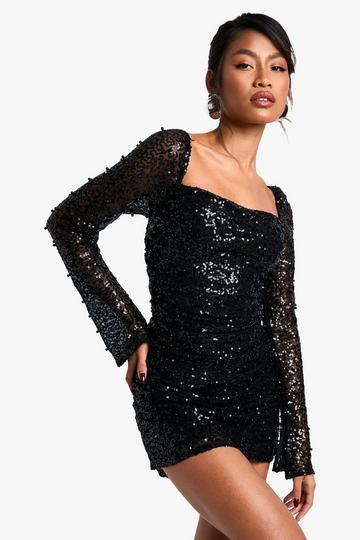 Square Neck Pearl Sequin Mini Dress black