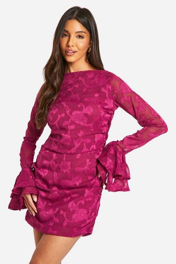 Jacquard Floral Ruffle Mini Dress plum