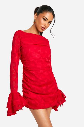 Jacquard Floral Ruffle Mini Dress red