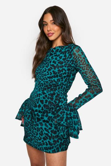 Green Leopard Chiffon Ruffle Mini Dress green