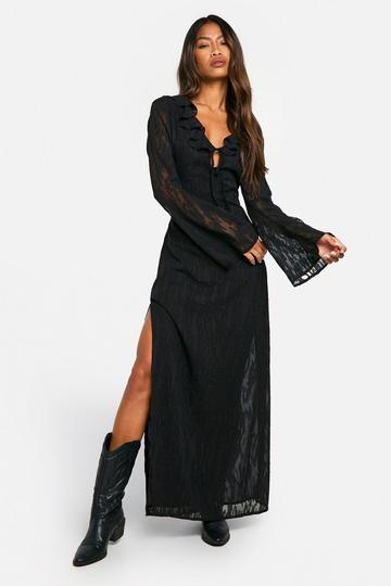 Black Jacquard Frill Side Split Maxi Dress