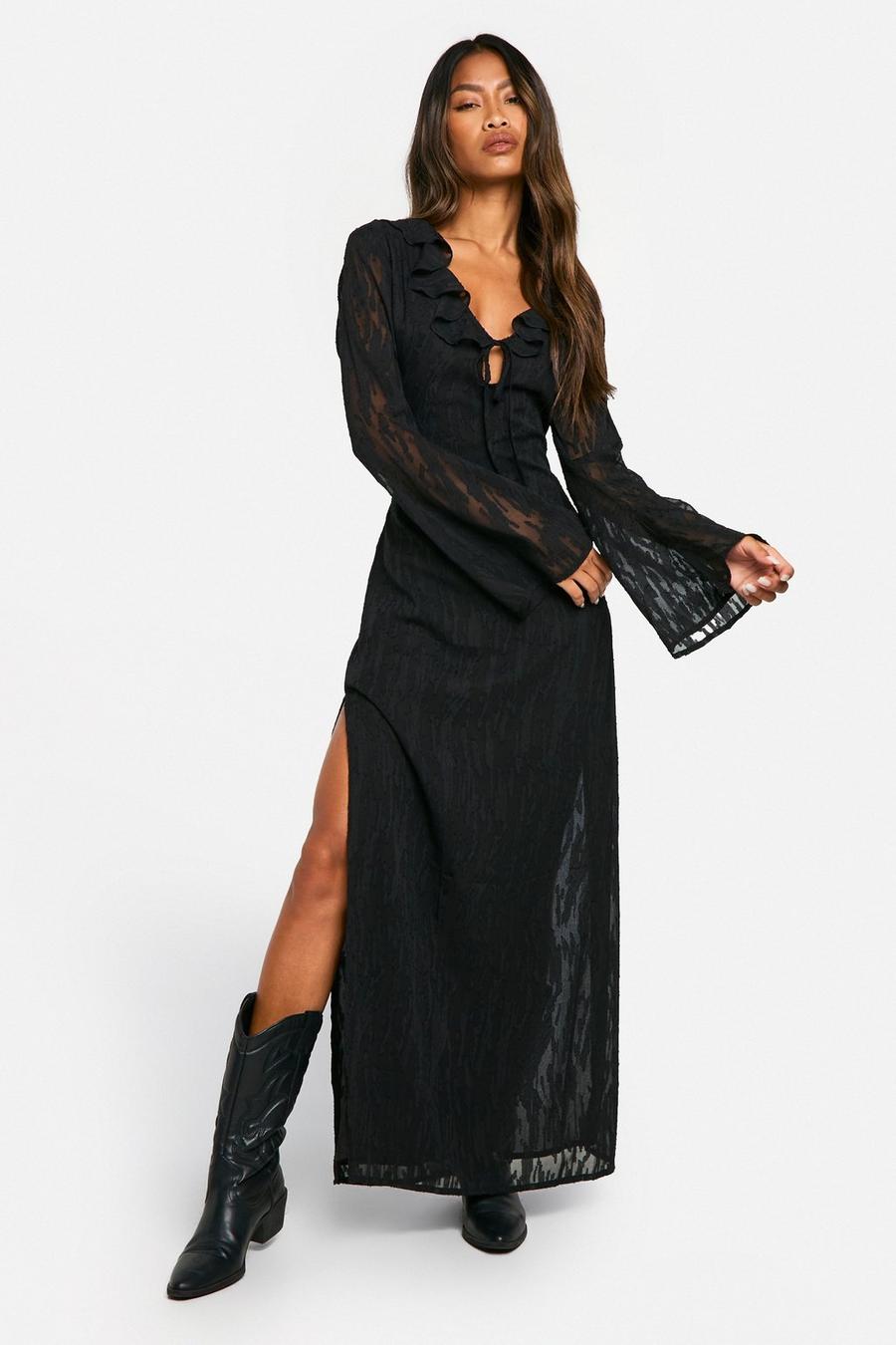 Jacquard Frill Side Split Maxi Dress | boohoo USA Jacquard Frill Side Split Maxi Dress | boohoo USA