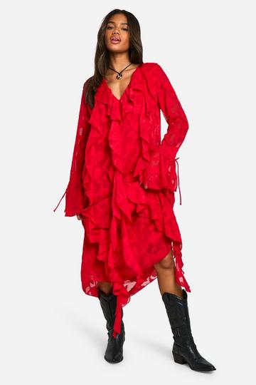 Burnout Floral Ruffle Midi Dress red