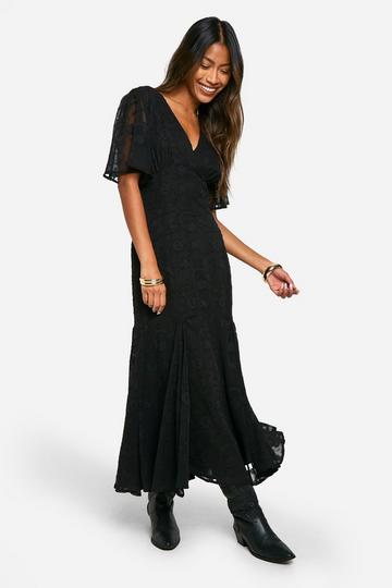 Black Jacquard Floral Angel Sleeve Midaxi Dress