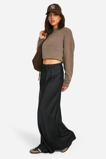 Black Drawstring Tie Waist Satin Maxi Skirt