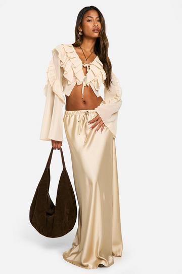 Drawstring Tie Waist Satin Maxi Skirt oyster