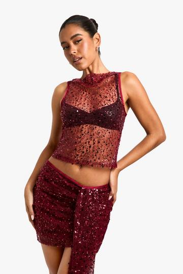 Sequin Sheer Racer Vest malbec