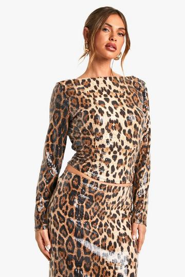 Luipaardprint Top Met Pailletten En Open Rug brown