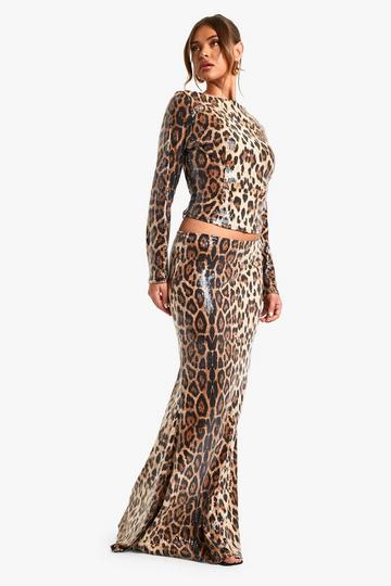 Leopard Sequin Maxi Skirt brown