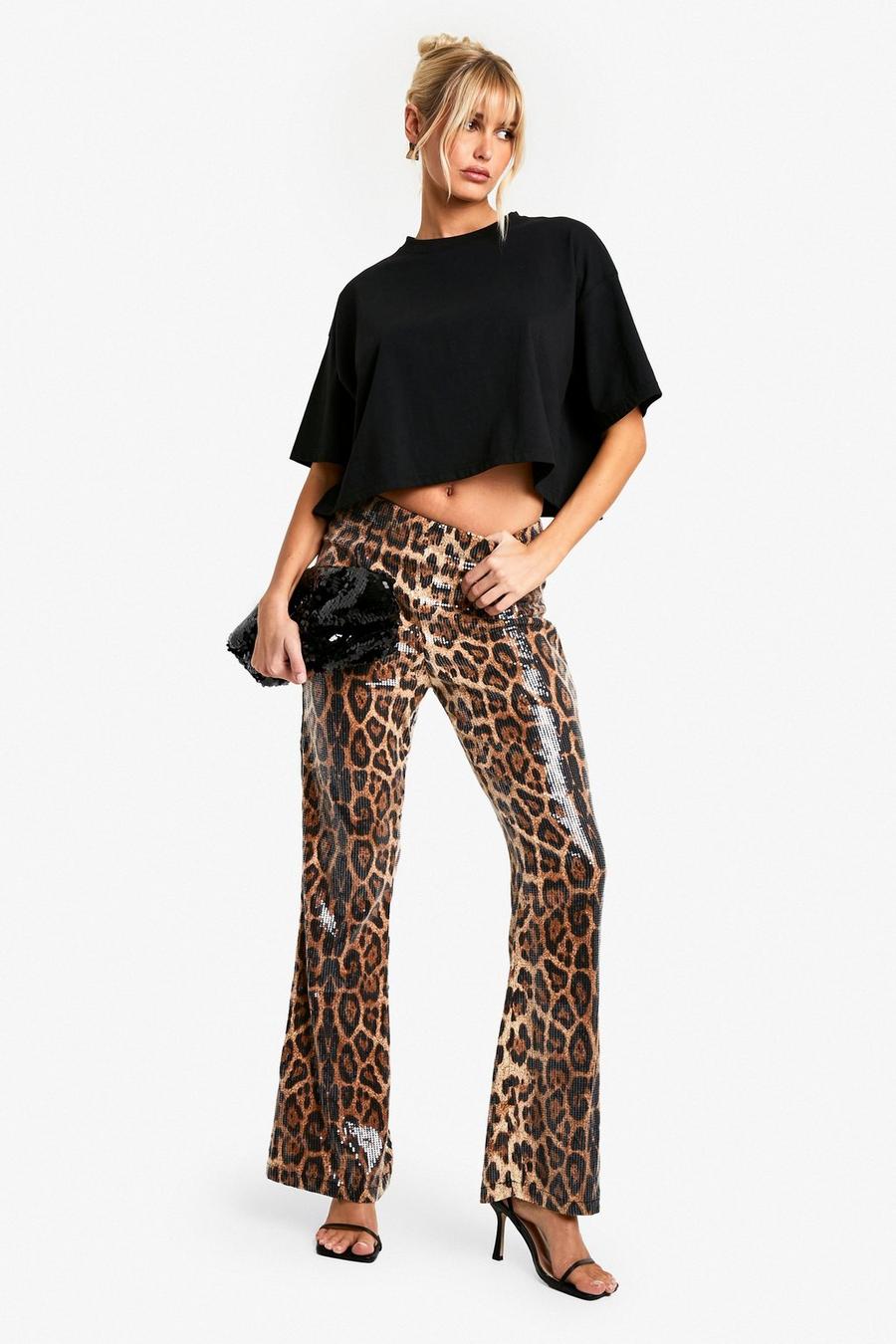 Leopard Sequin Flare Trouser | boohoo USA Leopard Sequin Flare Trouser | boohoo USA