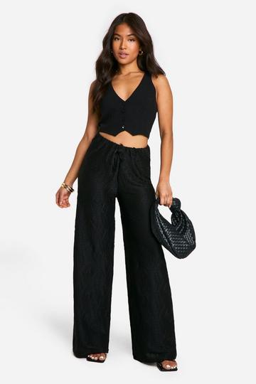 Black Petite Textured Crinkle Wide Leg Pants