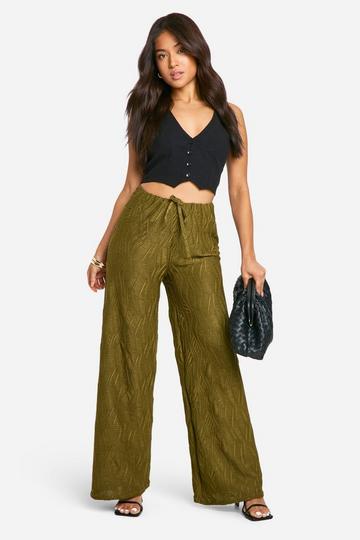 Olive Green Petite Textured Crinkle Wide Leg Trouser