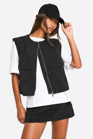 Nylon Cargo Zip Up Waistcoat black