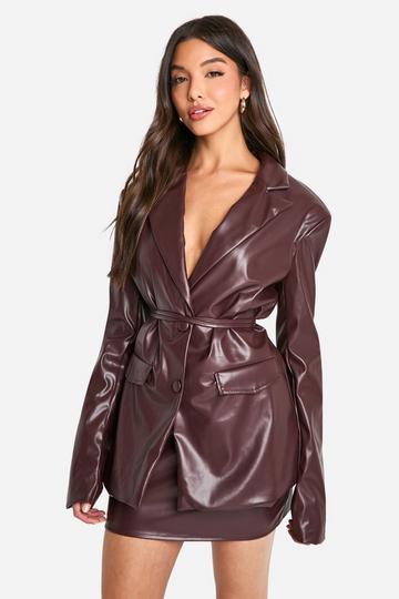 Pu Tie Waist Belted Blazer chocolate