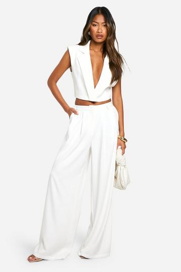 Ecru White Pleat Detail Tailored Wide Leg Trousers