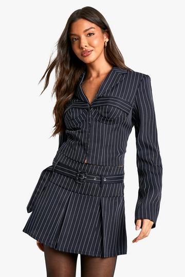 Pinstripe Belted Pleated Tailored Mini Skirt navy