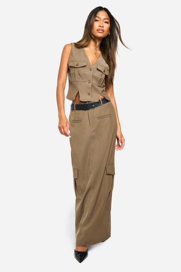 Khaki Detail Cargo Maxi Skirt